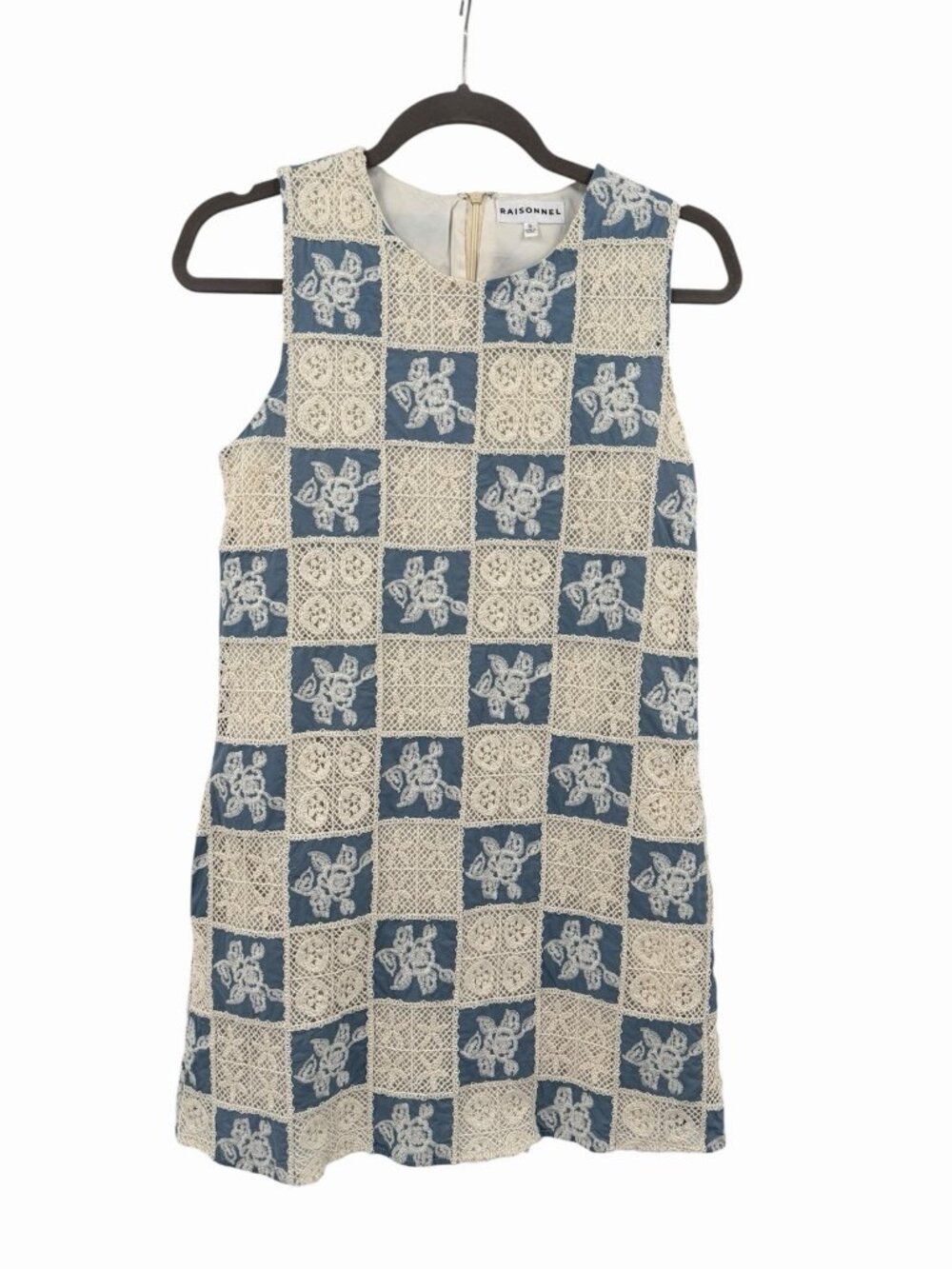 RAISONNEL Women's Blue White Patchwork Embroidered Sleeveless Shift Dress Small